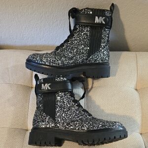 Michael Kors Stark Glitter Combat Boots - Black and Silver